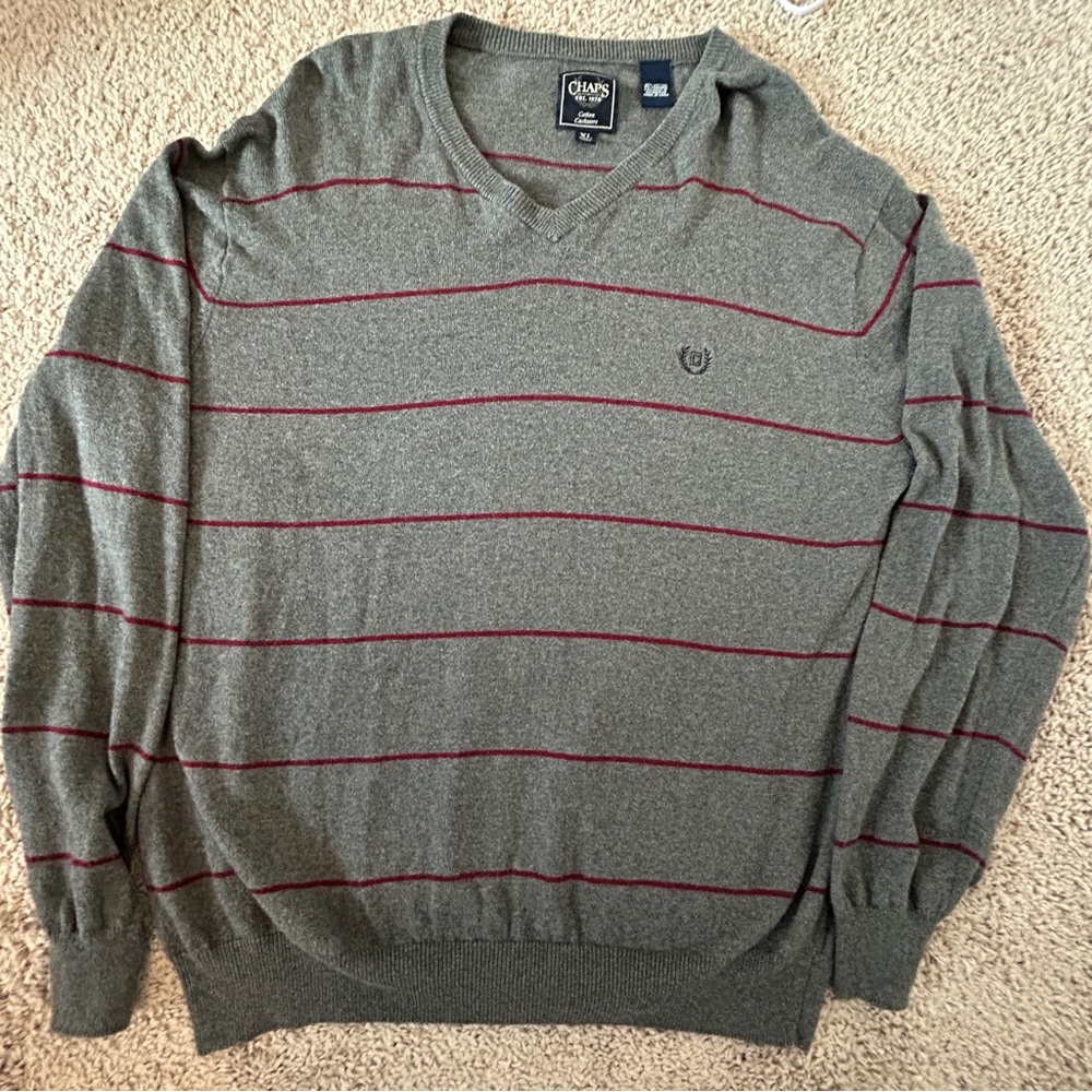Chaps V-Neck Cashmere Blend Sweater, Size XL, Gray and Burgundy Striped - Picture 3 of 14